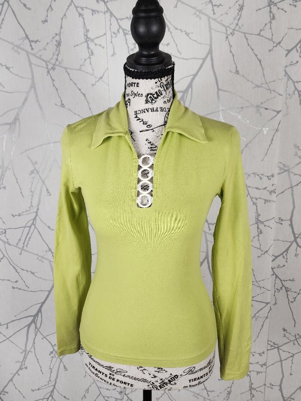 Morgan De Toi Lime Green Stretch Jersey Knit Ring Plunge Polo